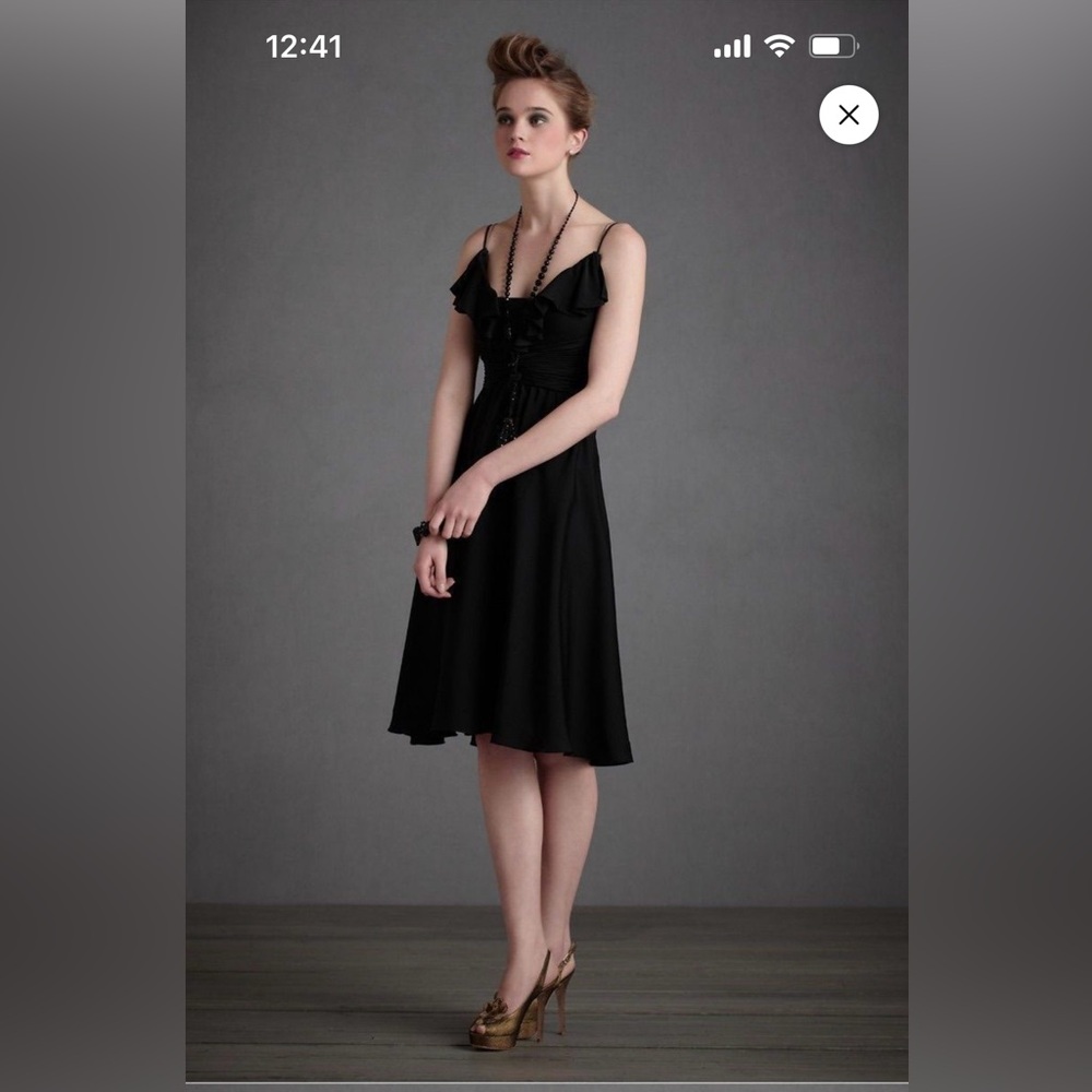NWOT | Quillaree Anthropology Silk Black Dress with Ruffle, Size 6